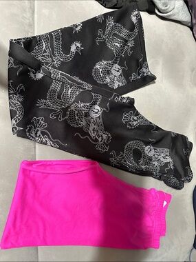 Women’s Black Dragon Print Leggings and Hot Pink Leggings Set